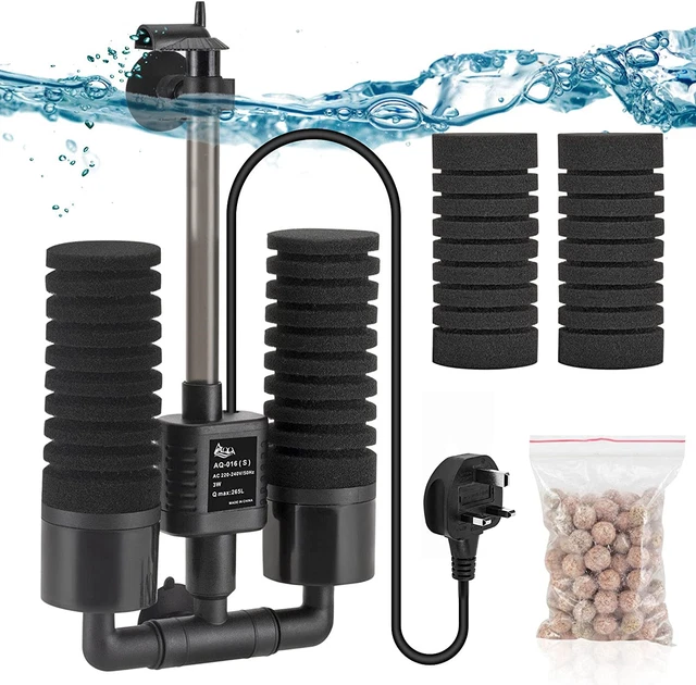 AQQA Aquarium Double Sponge Filter, 3W/5W Quiet Electric Power Fish Tank Filter,