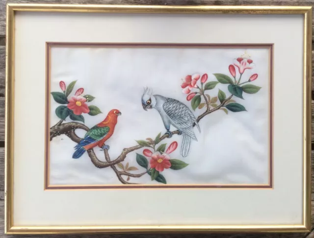 Chinese Painting Pith Rice Paper Exotic Birds Circa 1850 Pair