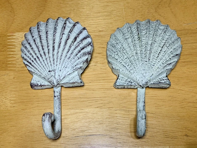 2 Sea Shell Seashell Coat Hooks Hat Wall Rustic Cast Iron Hanger Beach Nautical