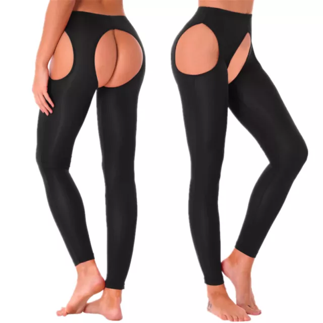 WOMEN ICE SILK Sexy Hollow Out Leggings Open Crotch Elastic Mid
