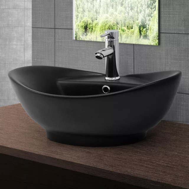 Lavabo negro mate de cerámica moderno encimera agujero desagüe 590x395x205 mm