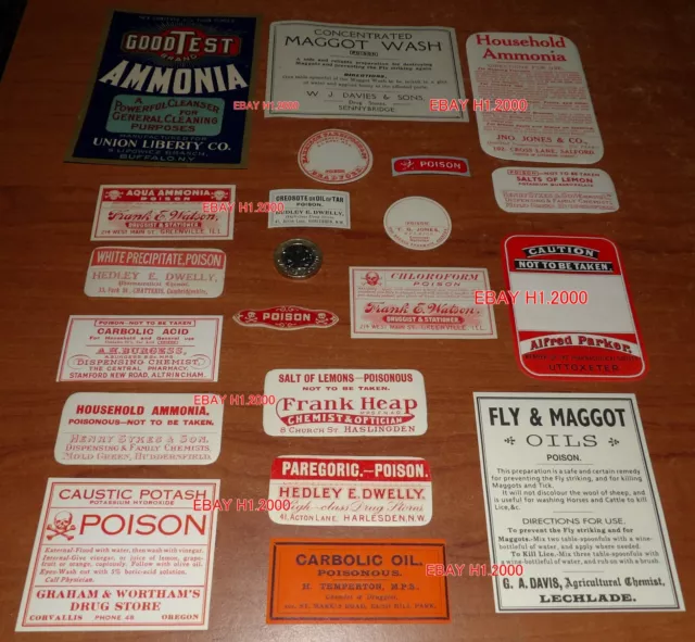 20 Different Uk & Usa  Antique Chemist  Red Print Poison Bottle  Labels Inc Rare