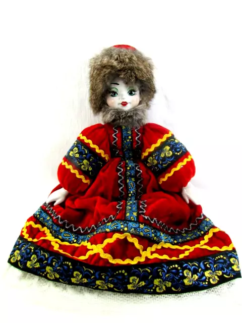 Russian Folk Costume Doll Porcelain Face Hands Feet Red Velvet Dress Fur Hat 16"