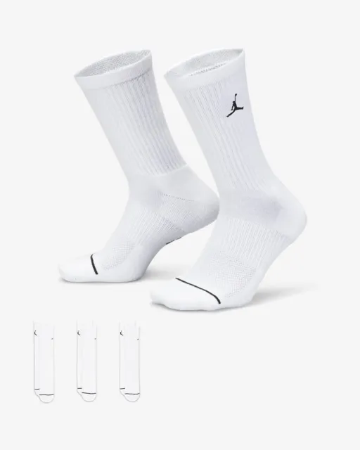 Nike Jordan Everyday Crew Socks Drifit  (3 pairs) White  Large MEN 8-12 WMM10-13