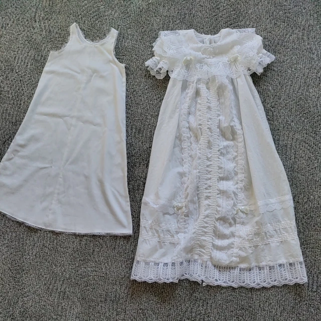 VTG WHITE COMMUNION Baptismal Flower Girl Dress Nightgown w Under slip