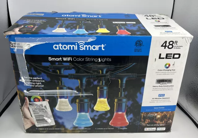 Atomi Smart Wifi LED Color String Lights 48ft 24 Bulbs Weather Resistant Tested