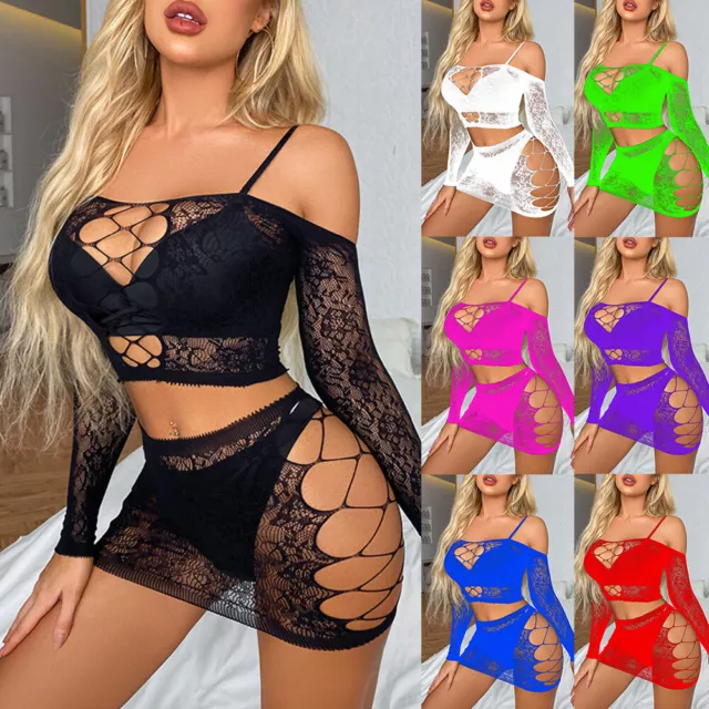 Donna Lingerie Set Collant Sexy A Rete Intera Body Calze Donna Babydoll Bod ^