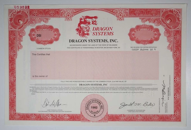Dragon Systems, Inc 1999 Odd Shrs Specimen Stock Cert Pioneer Speech Recognition