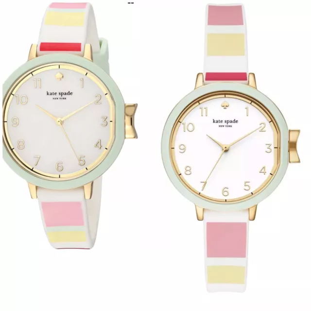 NWT KATE SPADE KSW1410 PARK ROW Pink White Green Silicone Band 34mm WATCH $150