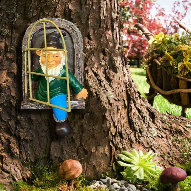 Garten dekoration Outdoor-Ornament Fenster Zwerg Statue Elf Gnome Baum-Skulptur