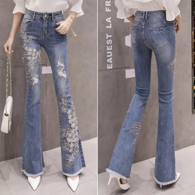 Lady Jeans Bell Bottom Pants Denim Flared Trousers Embroidery Floral Fringe Chic