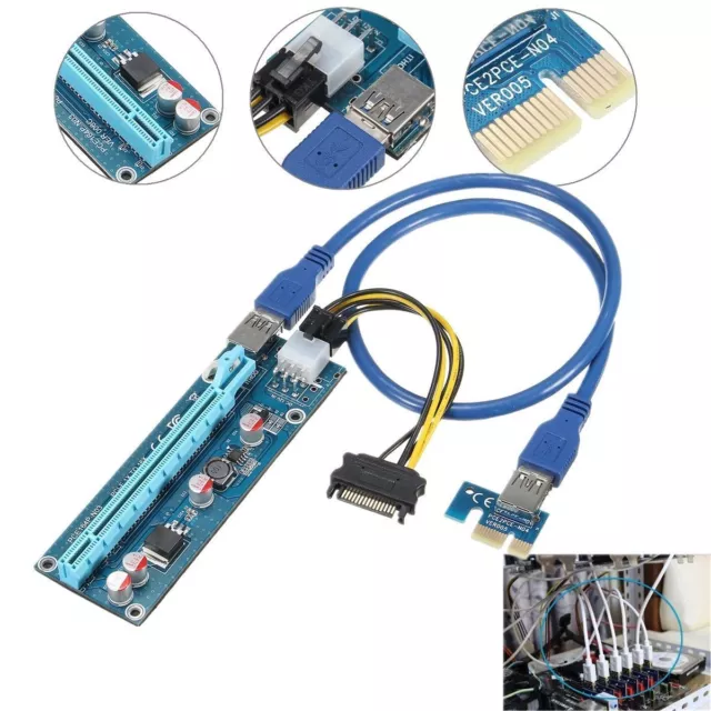 Pci-E 1x Zu 16x USB 3.0 Extender Riser Stromkabel Grafikkarte Adapter 4 Pins