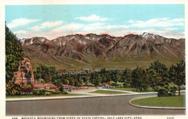 Salt Lake City, UT, Wasatch Mts. from Steps of Capitol, Vintage Postcard b6216