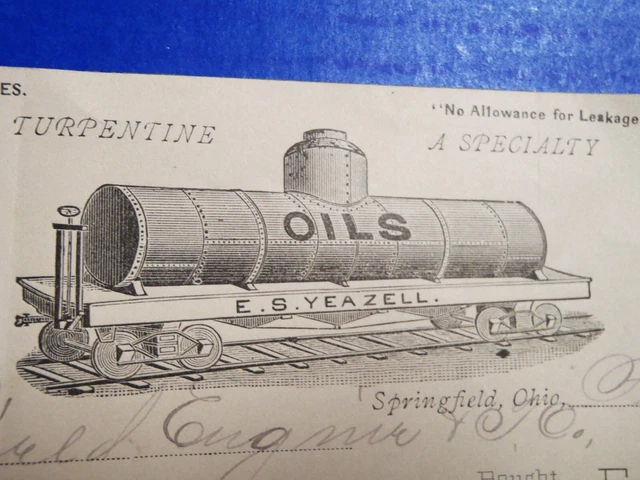 1887 E.S. Yeazell - Springfield Ohio - RAILROAD OIL TANKER GRAPHIC Ad Invoice