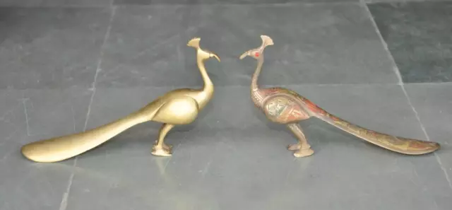2 Pc Vintage Brass Lacquer Handcrafted Peacock Pair/Love Bird Figurines