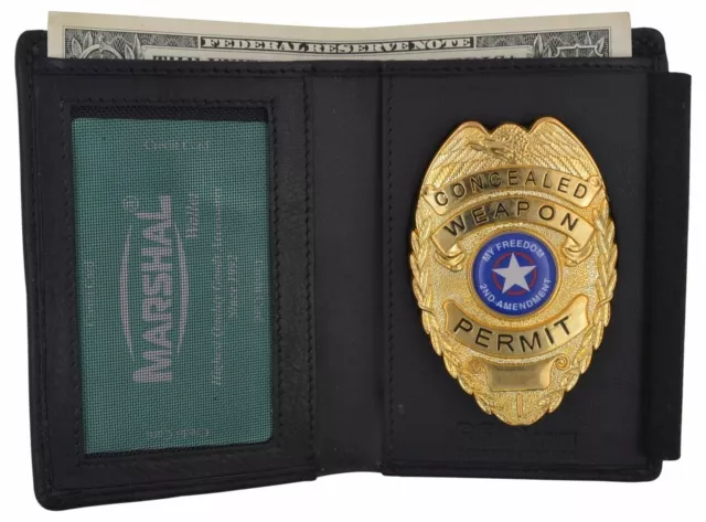 Police Id Badge Holder Shield Badge Bifold New Black Genuine Leather Rare Style