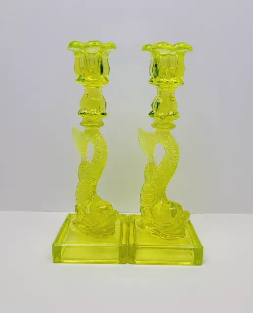 Pair MMA Vaseline Glass Fish Vintage Candlesticks By Imperial Koi Dolphin