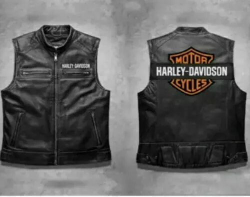 Harley Davidson Men's 100% Real Leather Black Biker Vest Leather Moto Café Vest