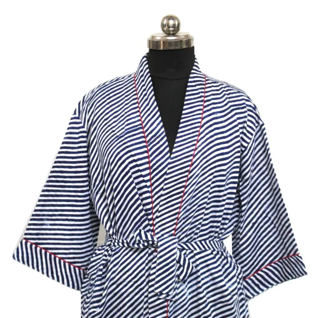 Stripes Print Cotton Kimono Robe Night Wear Dress, Hand Block Print Kimono