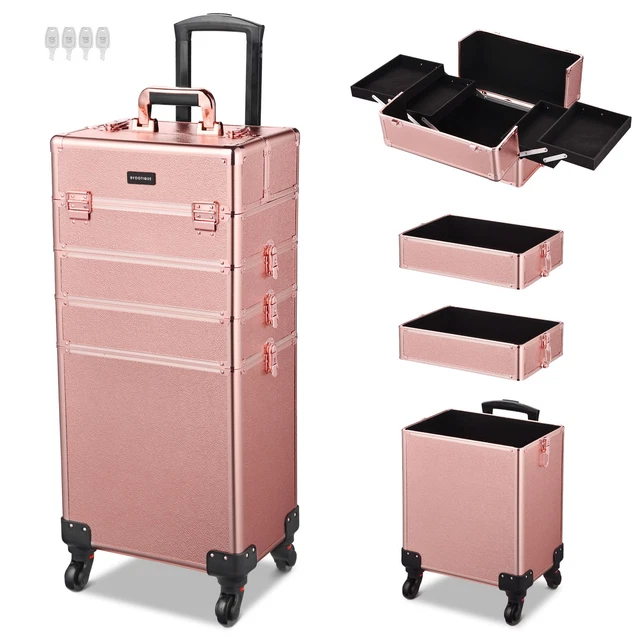 Byootique Pro 4in1 Rolling Makeup Train Case Makeup Artist Organizer Rose Gold