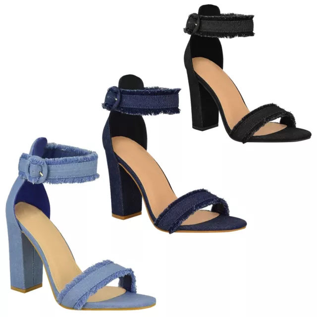 Womens Ladies Block Heel Barely There Ankle Strap Party Denim Sandals Shoes Size