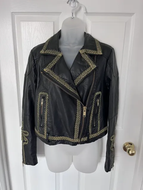 Free People Women’s Bang Bang Royale Vegan Leather Embroidered Jacket Size Small
