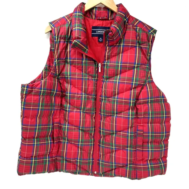 Lands End Womens Puffer Vest Jacket Size 2X Red Green Plaid Down Filled Full Zip