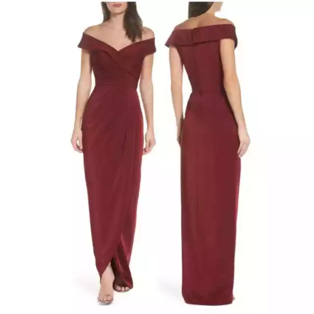 NWOT LA FEMME Surplice Off the Shoulder Column Burgundy Gown, Size 8