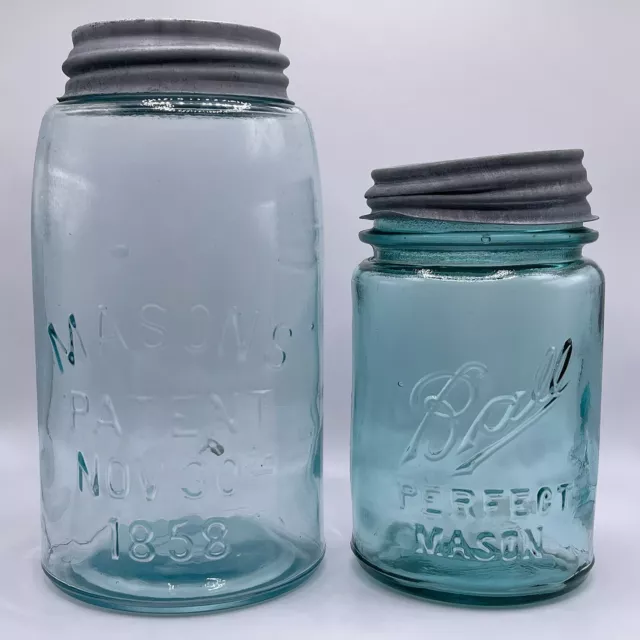 Antique Ball Perfect Mason Pint Jar & Atlas Mason's Patent Quart w/ Zinc Lids