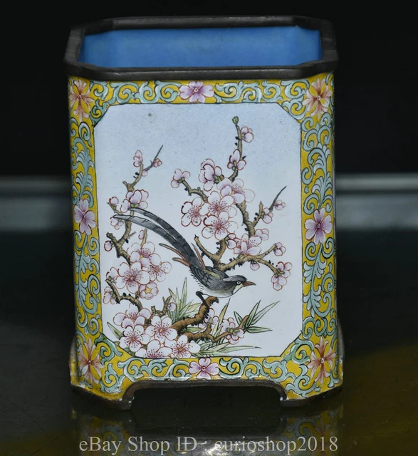 3.6 "Ancient China Cloisonne enamel Bronze Dynasty Flower Bird Pattern Brush Pot