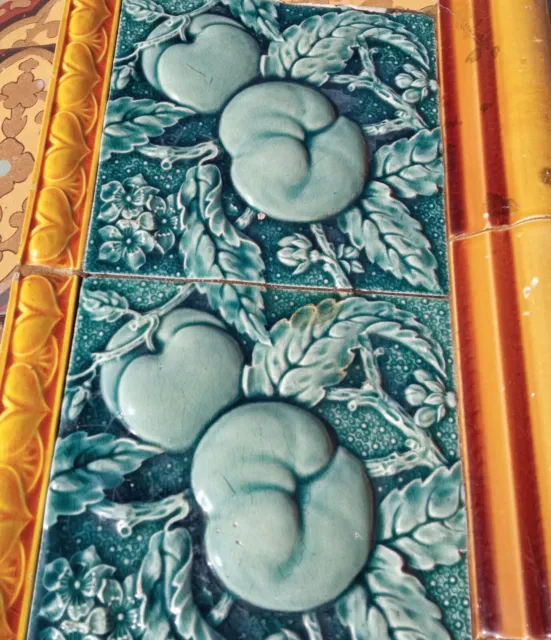 Reclaimed original period antique Art Nouveau tile fruits floral wall panel 3