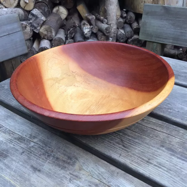 Large Vintage Hand Turned 2 Tone Wooden Serving Fruit Bowl 12.5” Diameter