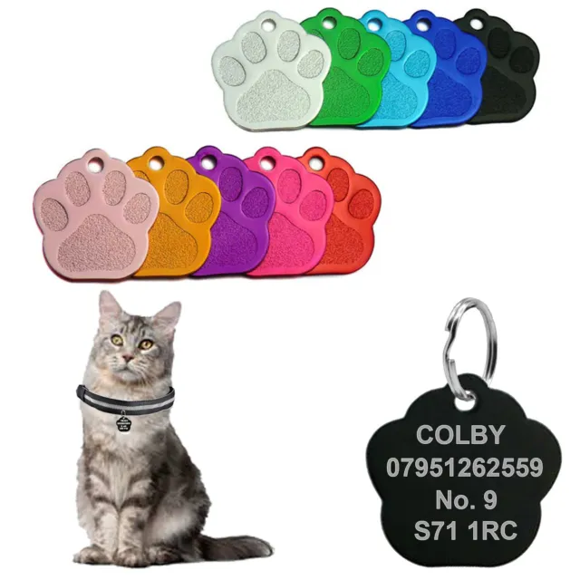 Personalised Cat Engraved Tags Kitten ID Charm Paw Name Collar Identification UK