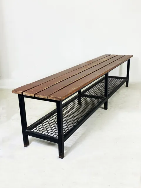 Large Vintage Wooden School Gym Bench with Wire Mesh Shoe Boots Storage - 6.5FT