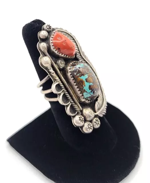 Navajo Sterling Silver 925 Coral & Turquoise Wholefinger Ring Signed RB Sz 6.5
