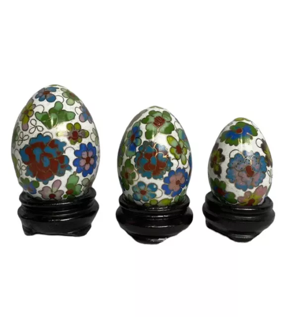 3 ct Vintage Cloisonné Brass Enamel Eggs Figurines Floral with Wood Stands Decor
