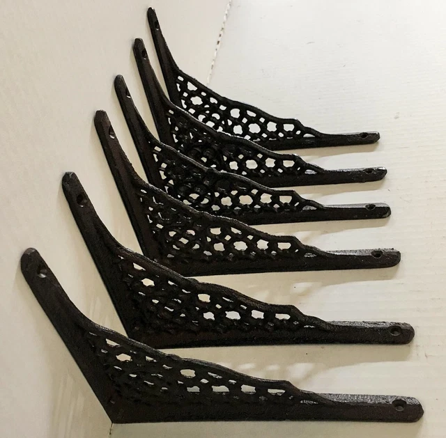 6 pc GARDEN LATTICE SHELF BRACKET BRACE Rustic Antique Brown Cast Iron 5"x7"