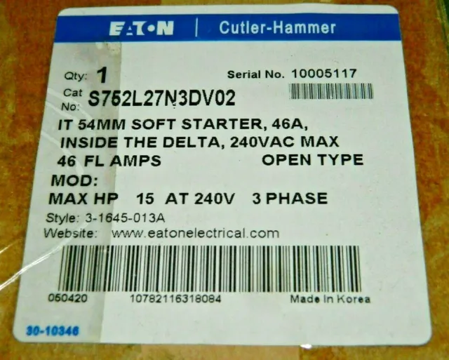 NEW Eaton S752L27N3DV02 Soft Starter 15-46A 240VAC 15HP 3Ph - NEW IN SEALED BOX