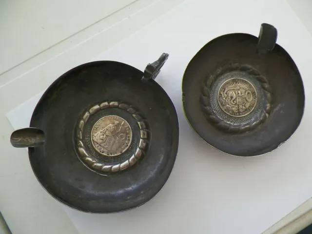 Pair Antique Koehler Peruvian Sterling Silver Coin Center Ash Trays