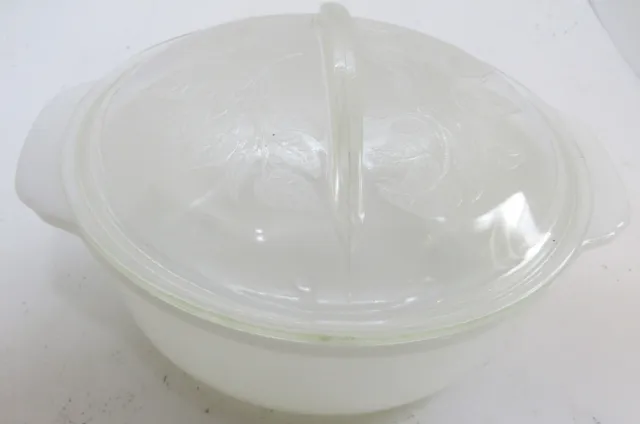 Vintage Fire King Milk Glass 1.5 Qt Lidded Casserole with Ivy Leaf Etching on th