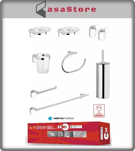 Kit Completo Accessori Bagno Set Cromato E Abs Metaform Zero 8 Pezzi Con Scopino