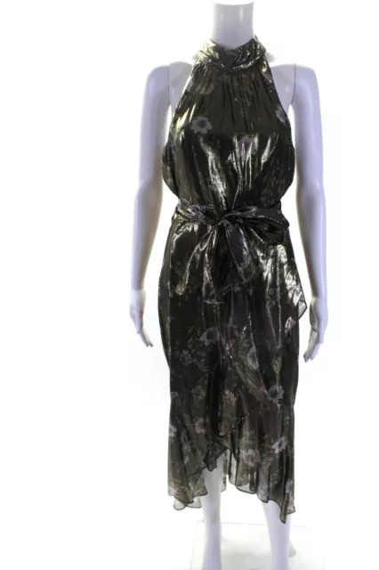 ML Monique Lhuillier Womens Silk Metallic Halter Neck Ruffle Dress Gold Size 10