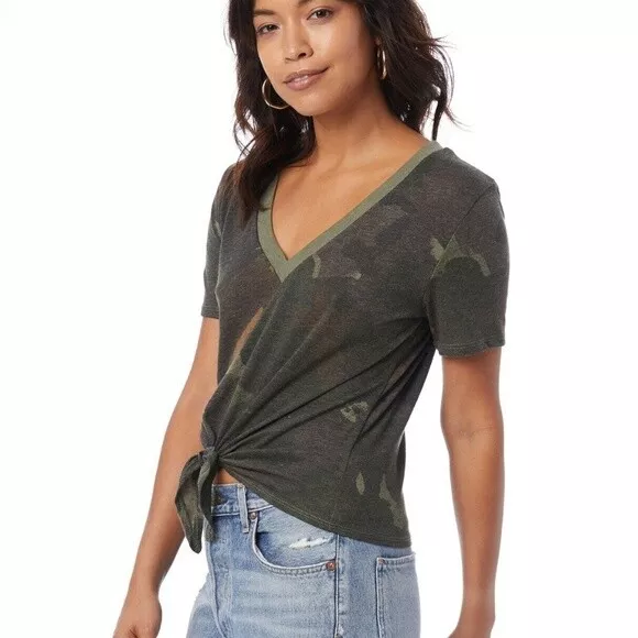 Alternative Womens Size Small Eco-Jersey Camo V-Neck T-Shirt Front Tie 2