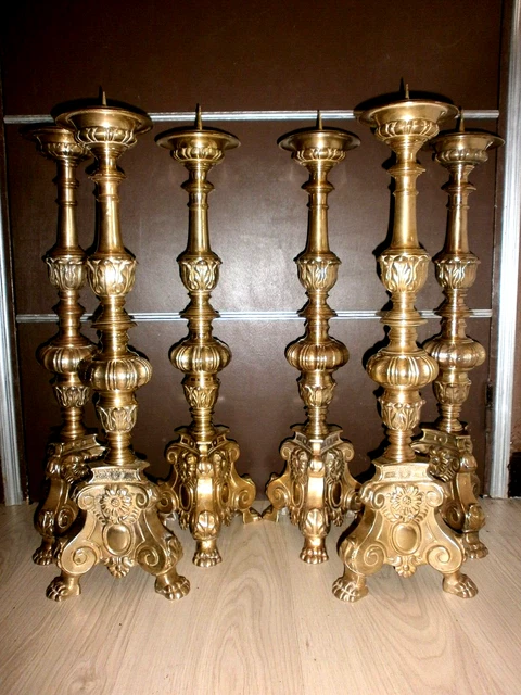 SUPERBE ANCIEN ENSEMBLE D'AUTEL/6 PIQUE-CIERGE/BRONZE/H.62/66cm/+26 kg!!!/EGLISE