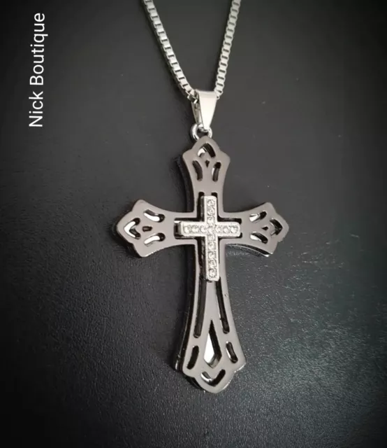 Vintage Look Cross Large Pendant Chain Necklace Silver Crystal Protection Gift