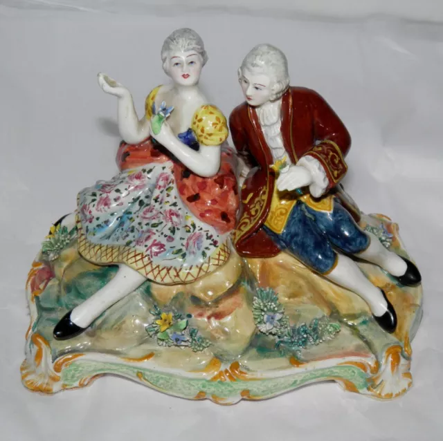 Antique Porcelain Majolica Capodimonte Italy COURTING COUPLE Crown Mark RS