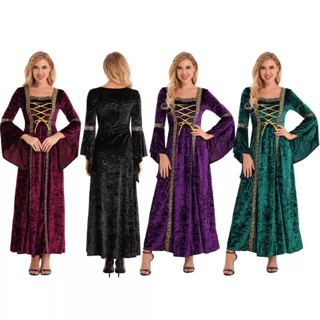 Womens Medieval Gown Halloween Cosplay Costume Flare Sleeve Lace-up Velvet Dress