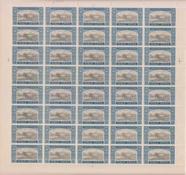 INDIA SORUTH STATE 1929, 1/2An. GIR LION SG50 MNH COMPLETE SHEET OF 40 STAMPS.