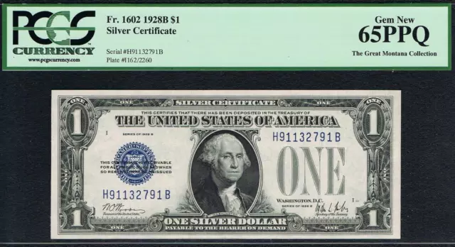 $1 1928B  Silver Certificate. Fr. 1602. PCGS 65 PPQ. Tough HB Block