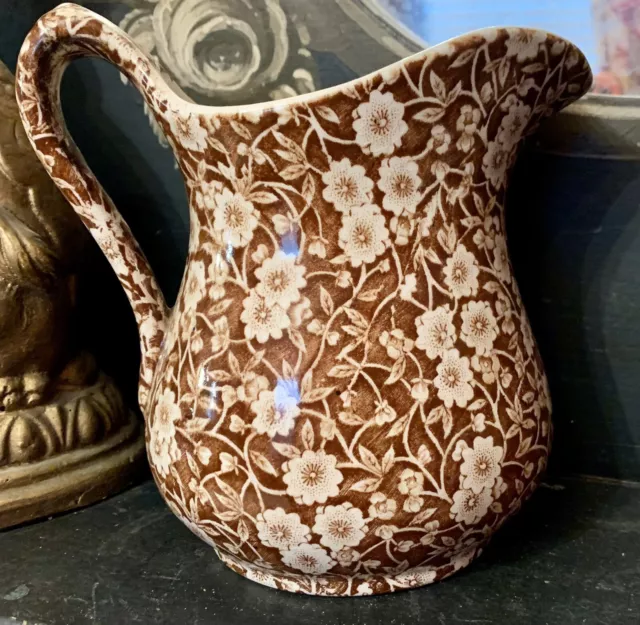 Antique brown transferware Ironstone pitcher calico Staffordshire